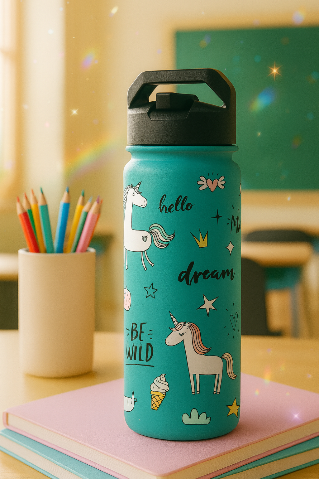 Unicorn Water Bottle on a school desk