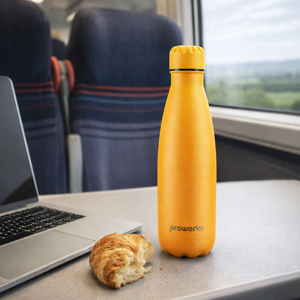 proworks metal 500ml water bottle on a train table with a laptop and croissant next to it
