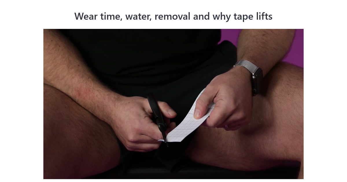 Rounding the corners of a kinesiology tape strip with scissors