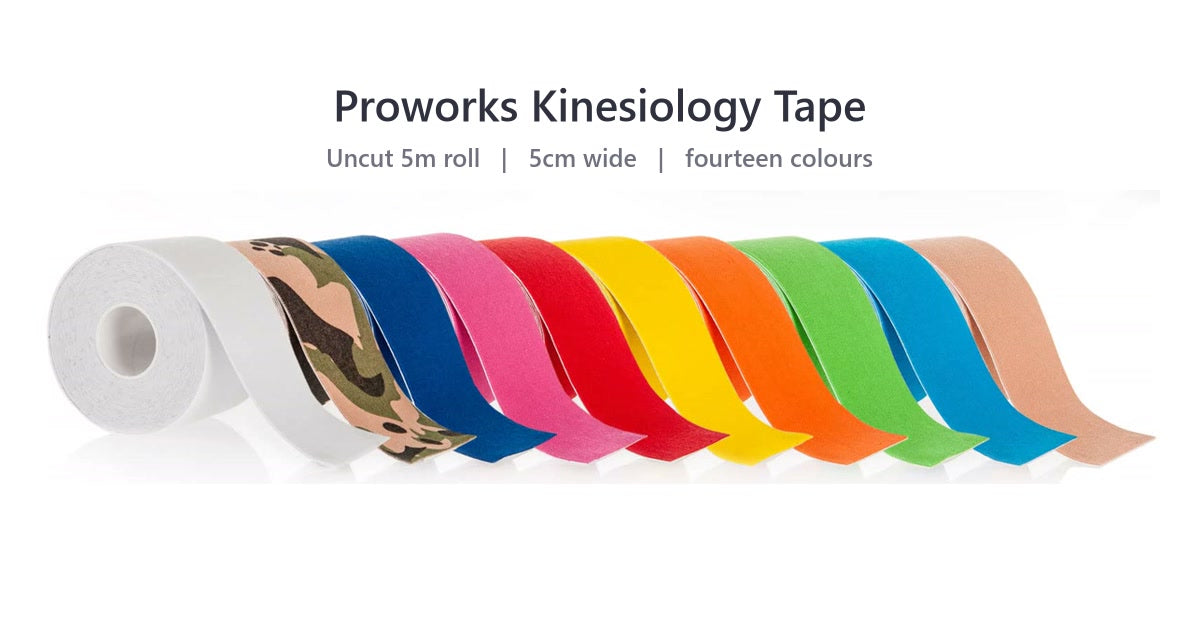 The full Proworks kinesiology tape colour range