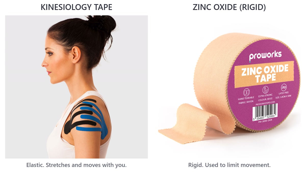 Proworks kinesiology tape applied to a shoulder beside a roll of rigid zinc oxide tape