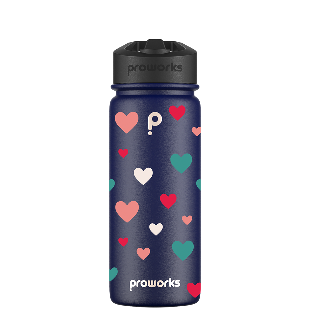 Water bottle with straw - Gen 2 Hearts At Midnight Pattern