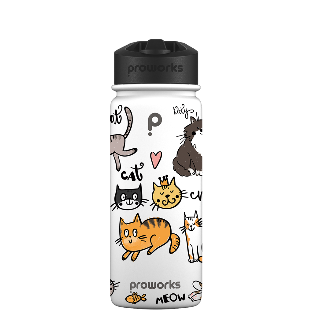 ProWorks Gen 2 Cat Party 540ml kids water bottle with straw and fun cat pattern