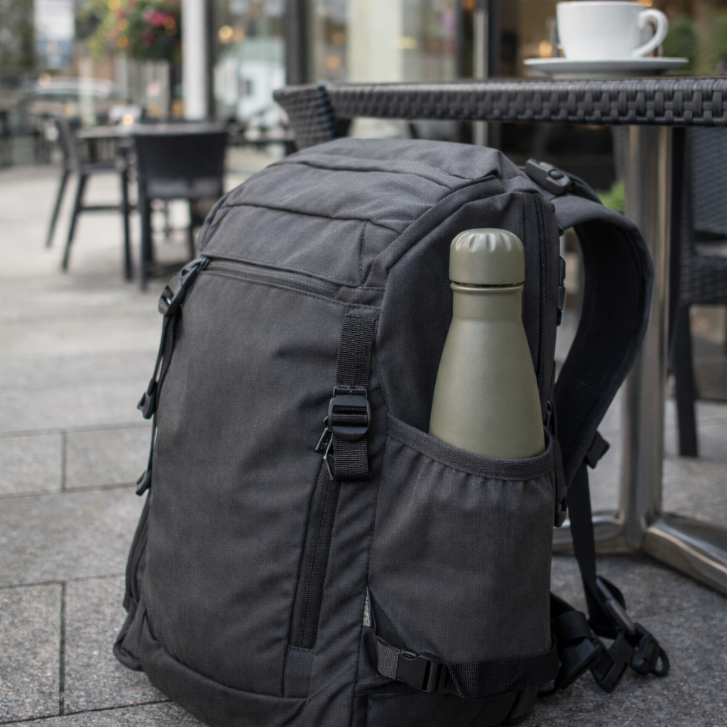 leakproof 500ml water bottle in a travel backpack outside a cafe