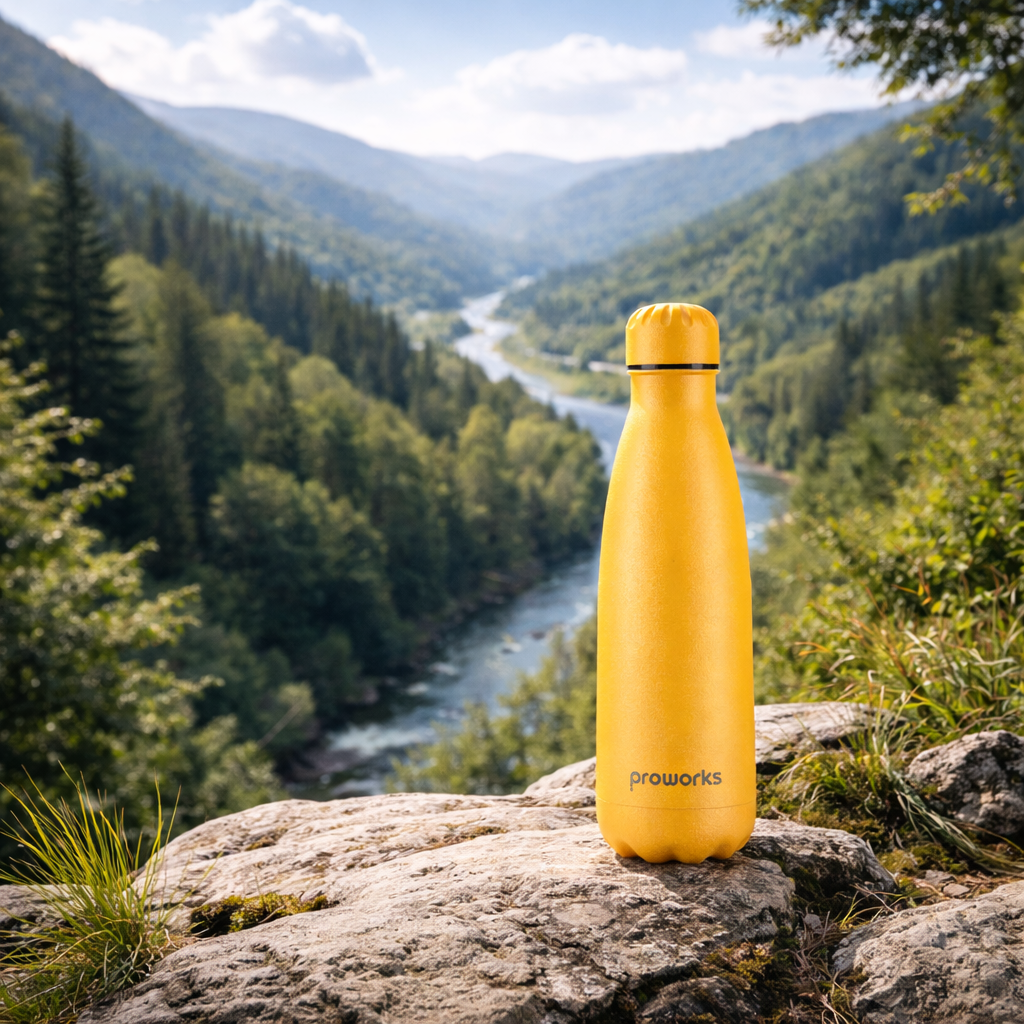 500 ml proworks water bottle on a hiking trip, scenic trees and river