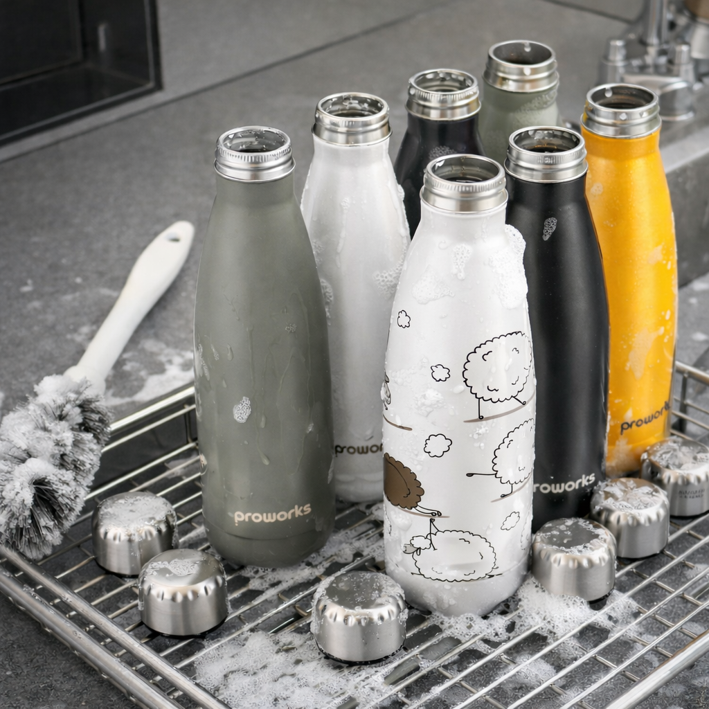 proworks metal 500ml water bottles washed and cleaned on a drying rack
