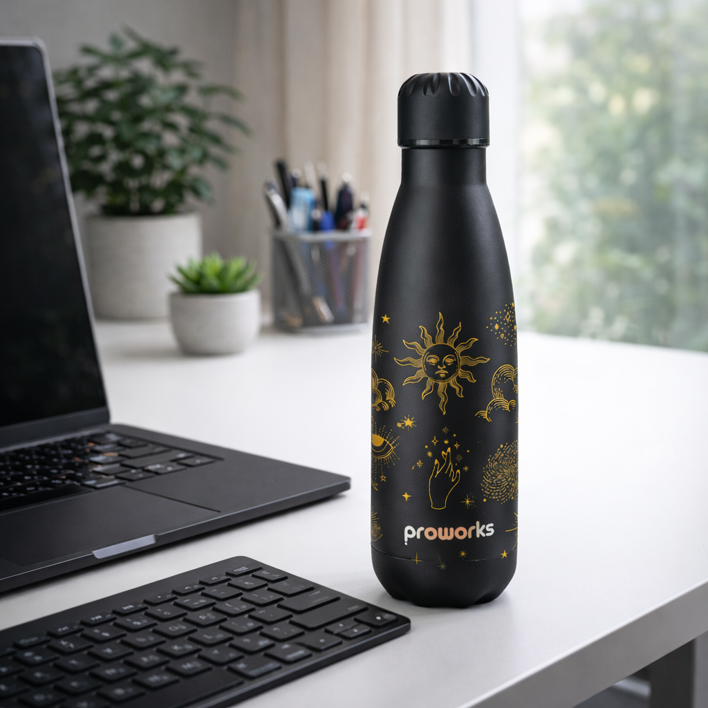 proworks 500ml celestial water bottle on a work from home desk with laptop and keyboard