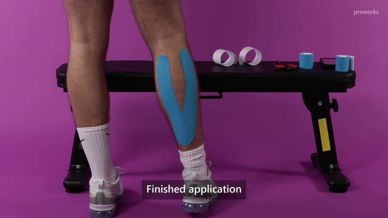 A finished Proworks kinesiology tape calf application