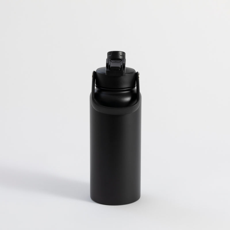 Black 1 litre water bottle with straw, leak-proof insulated design