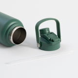 Insulated dark green water bottle with straw, keeps drinks cold 24 hours