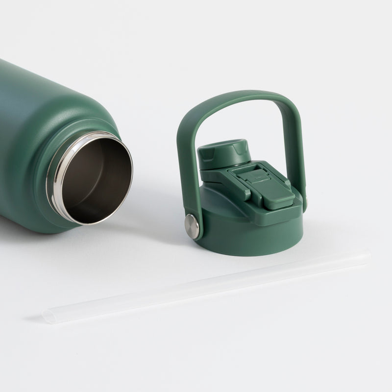 Insulated dark green water bottle with straw, keeps drinks cold 24 hours