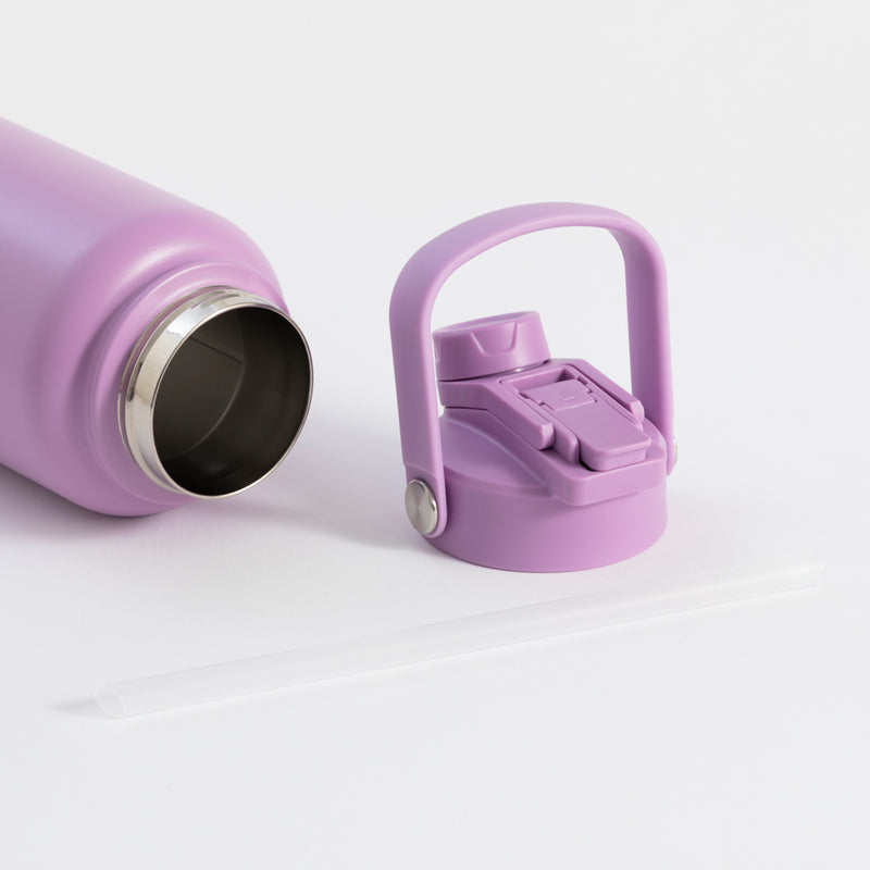 Insulated purple water bottle with straw, keeps drinks cold 24 hours