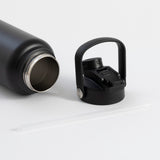 Insulated black water bottle with straw, keeps drinks cold 24 hours