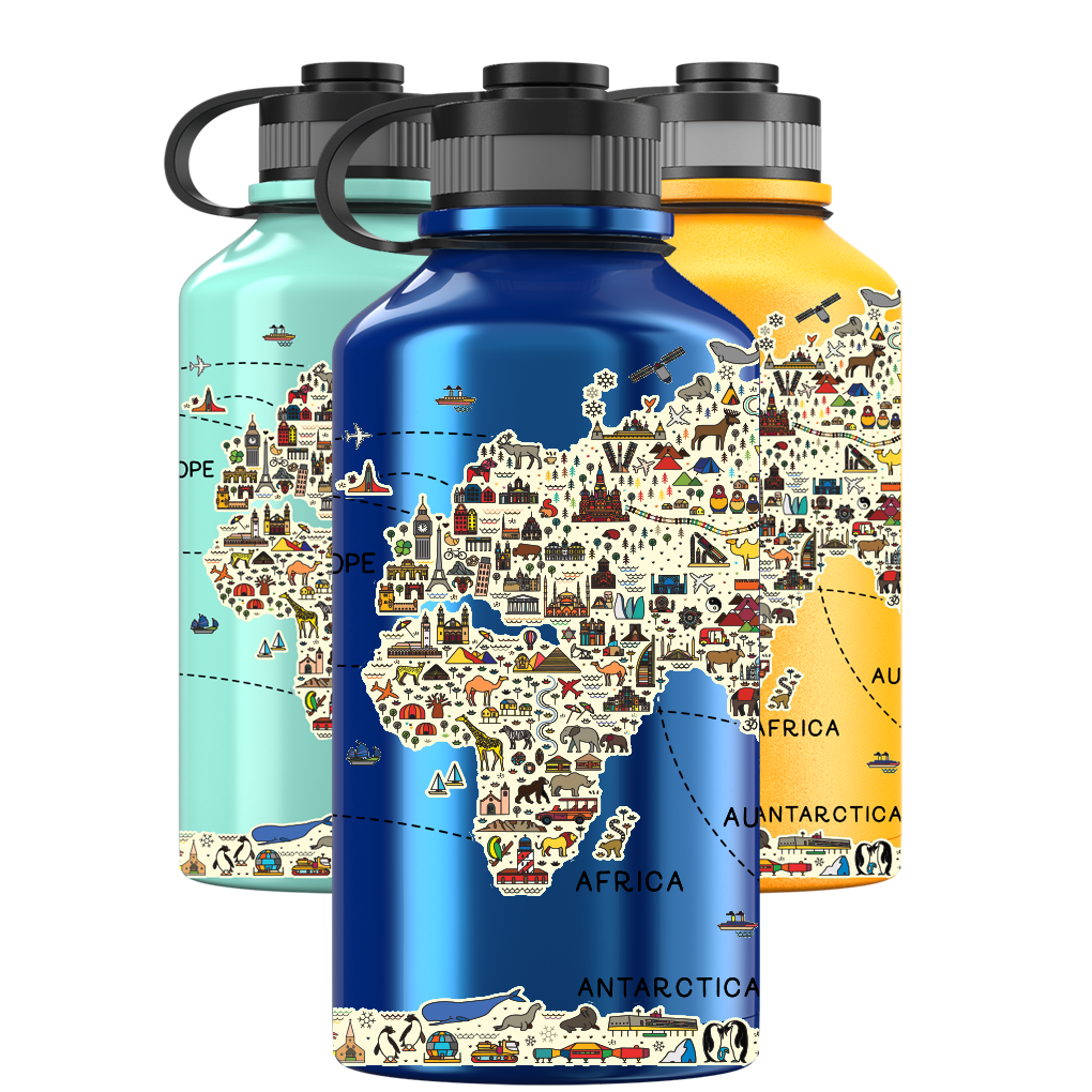 2 Litre Water Bottle - World Map Pattern
