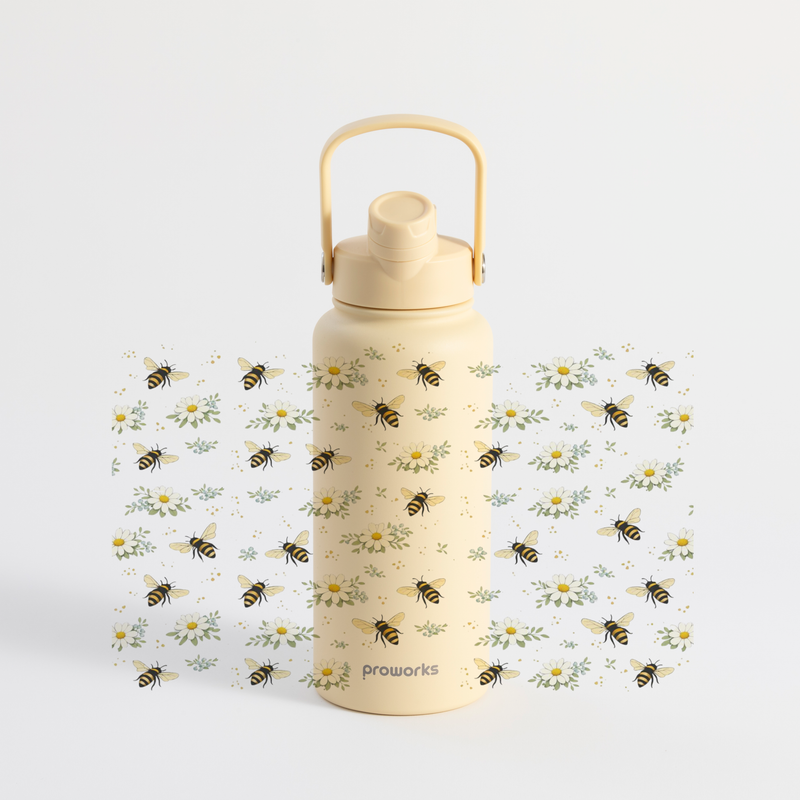 Proworks bee pattern insulated water bottle with straw lid, 1 litre stainless steel
