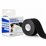 Black Proworks kinesiology tape, 5cm x 5m uncut roll, shown beside its retail box