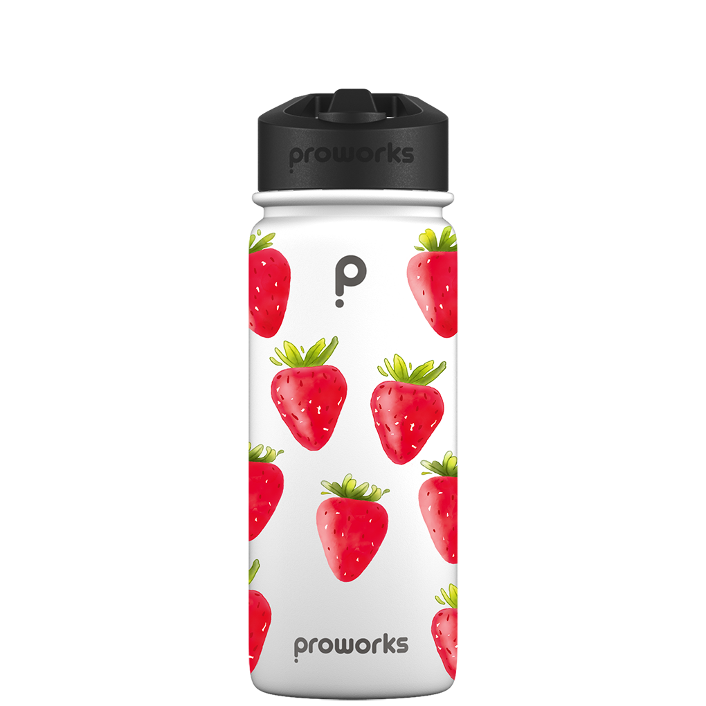 Wasserflasche mit Strohhalm – Erdbeermuster der 2. Generation