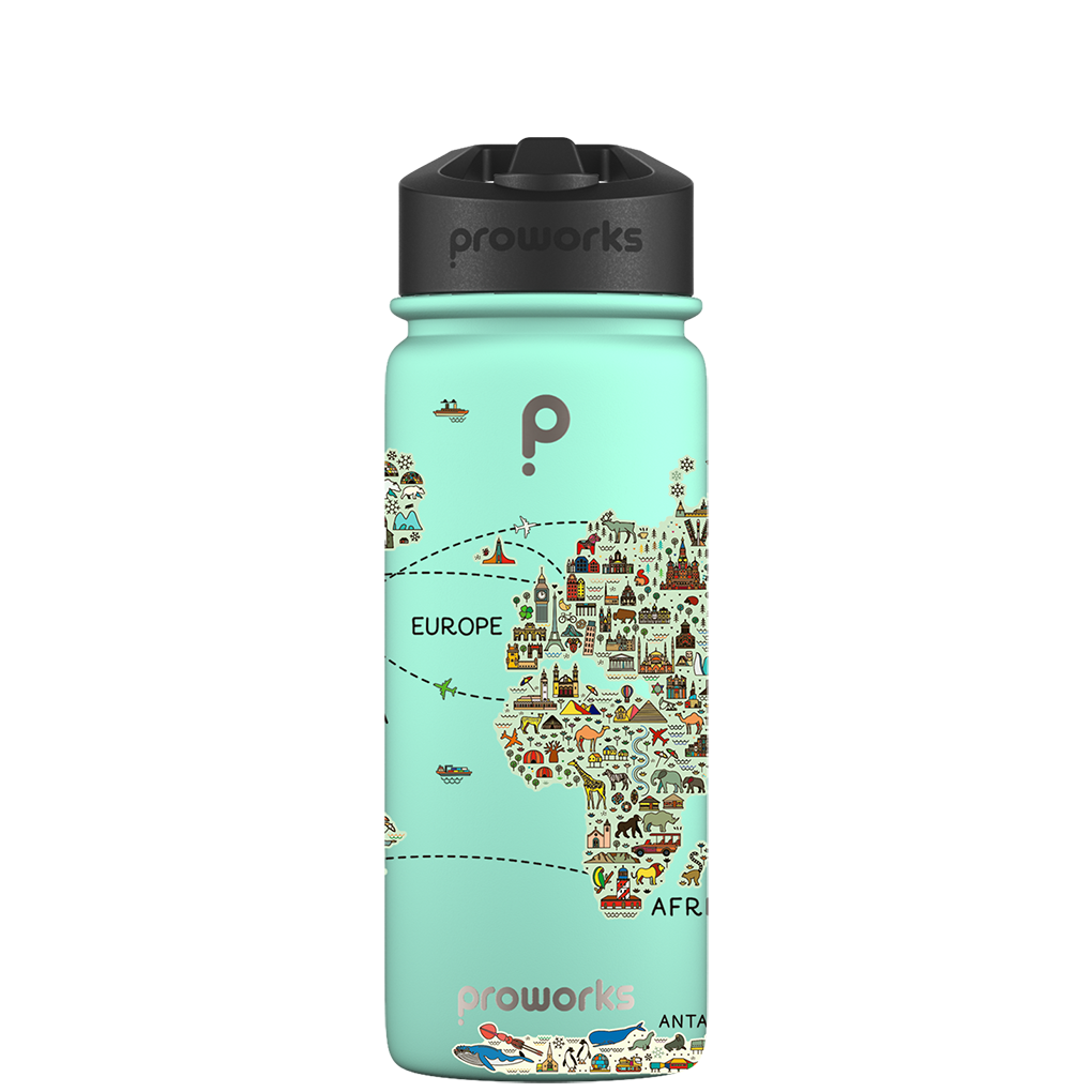 Wasserflasche mit Strohhalm – Weltkartenmuster der 2. Generation