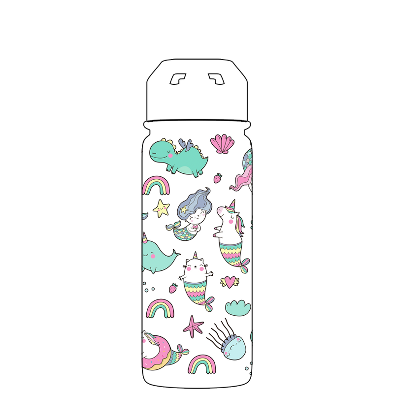 Bottiglia d'acqua con cannuccia - Motivo Sirene e Unicorni di seconda generazione