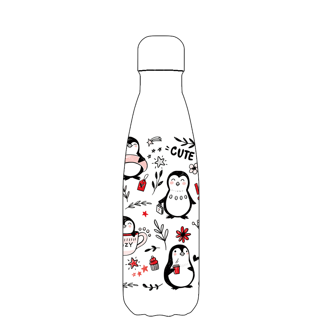 Penguin- Bulk Custom Printed Freezer Gel Water Bottle with Pop-up